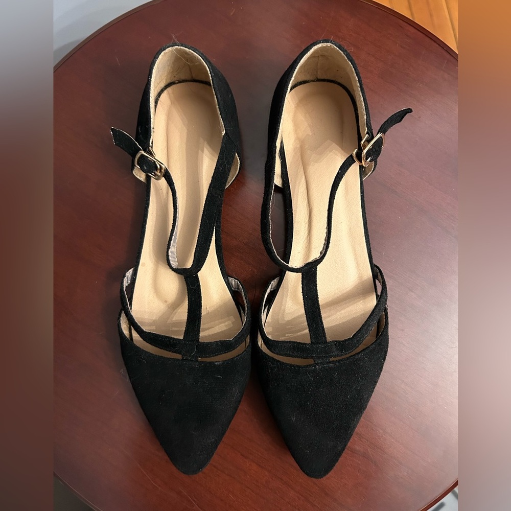 Black Pointed Toe T-Strap Flats for Women